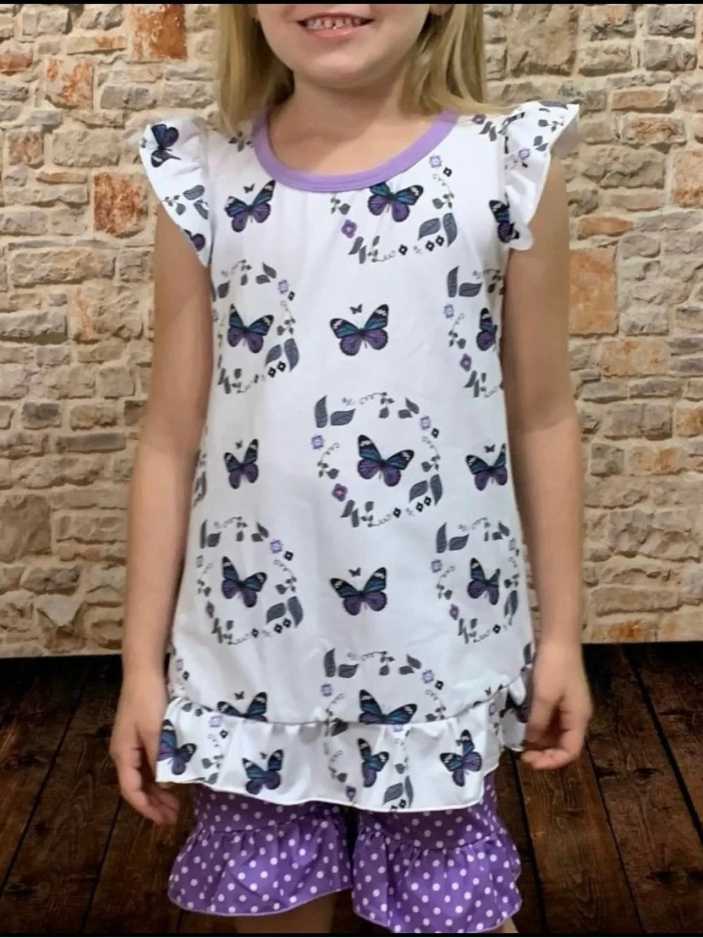 NEW Boutique Girl’s Butterfly Polka Dot Top & Ruffle Shorts Outfit Set